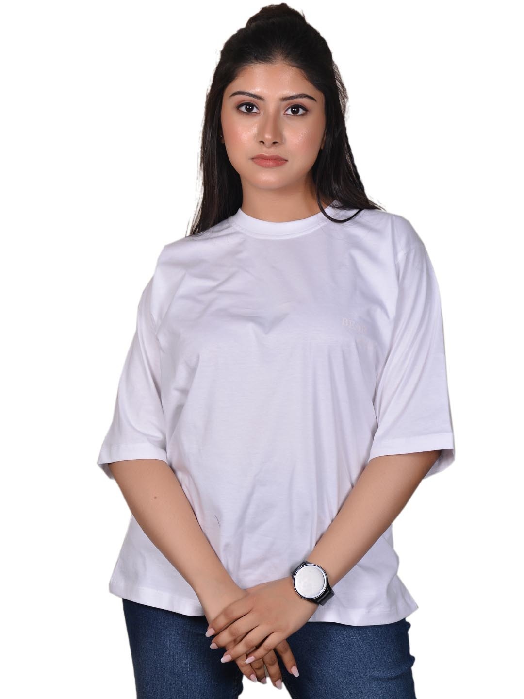 

JAC INDIAN Women Solid Round Neck Cotton Oversized T-shirt, White