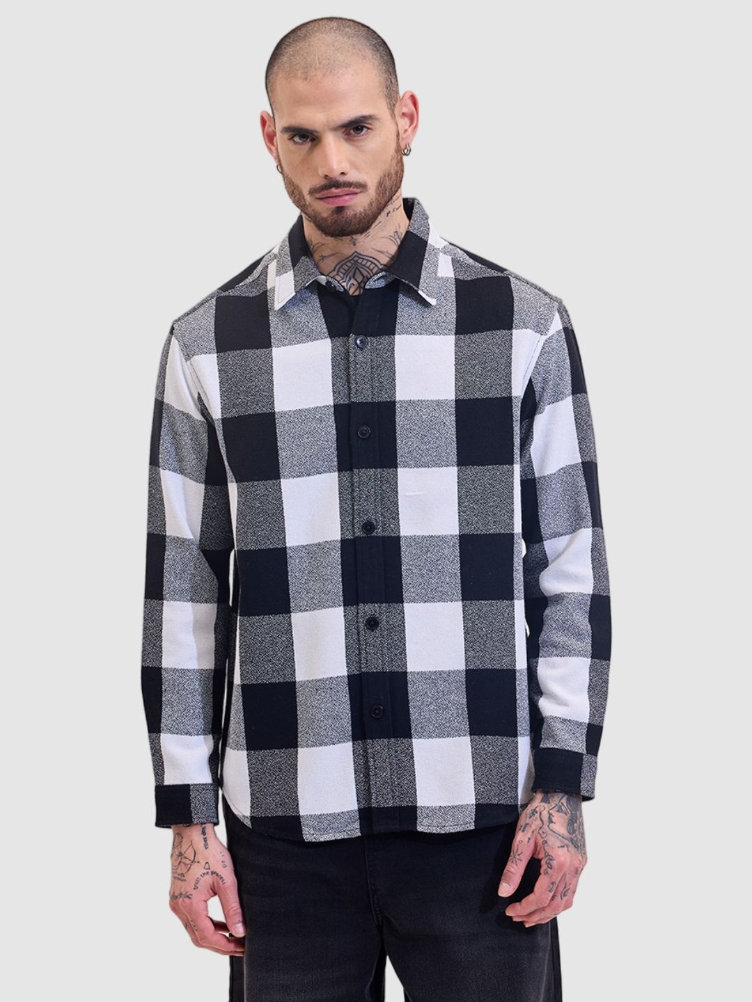 

Snitch Men Classic Fit Spread Collar Checked Cotton Casual Shirt, Black