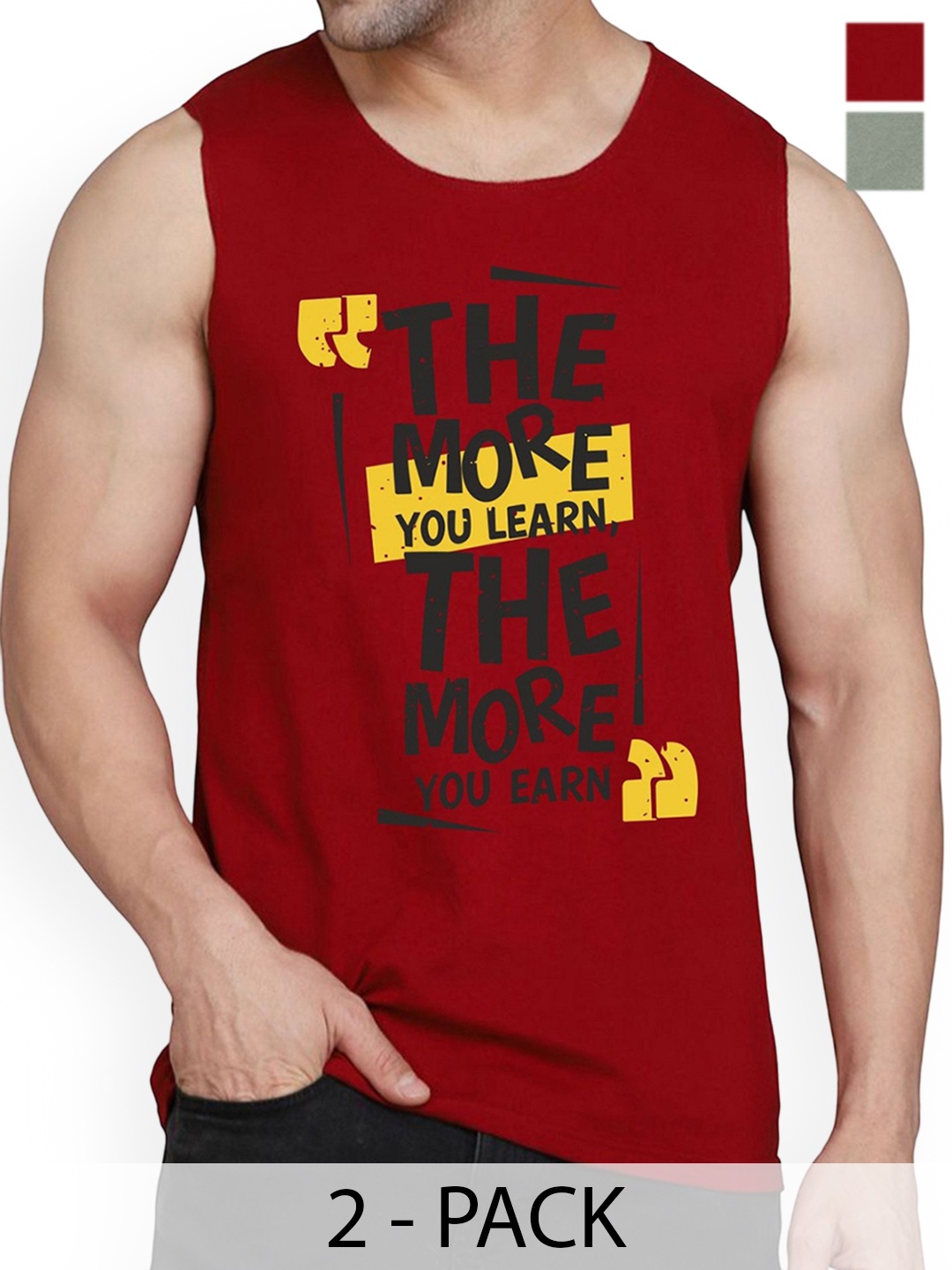 

WOOSTRO Pack Of 2 Printed Cotton Gym Vests RS26 CMB (MORE MAROON) (RUN LGTGREEN)