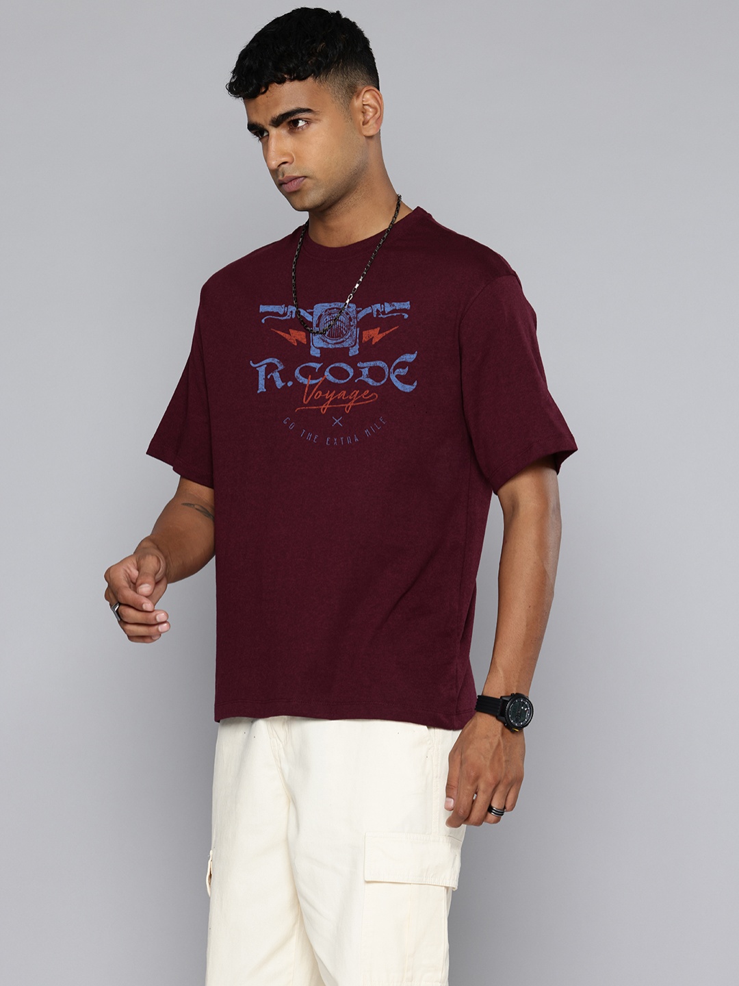 

R.Code by The Roadster Life Co. Men Printed Applique T-shirt, Burgundy