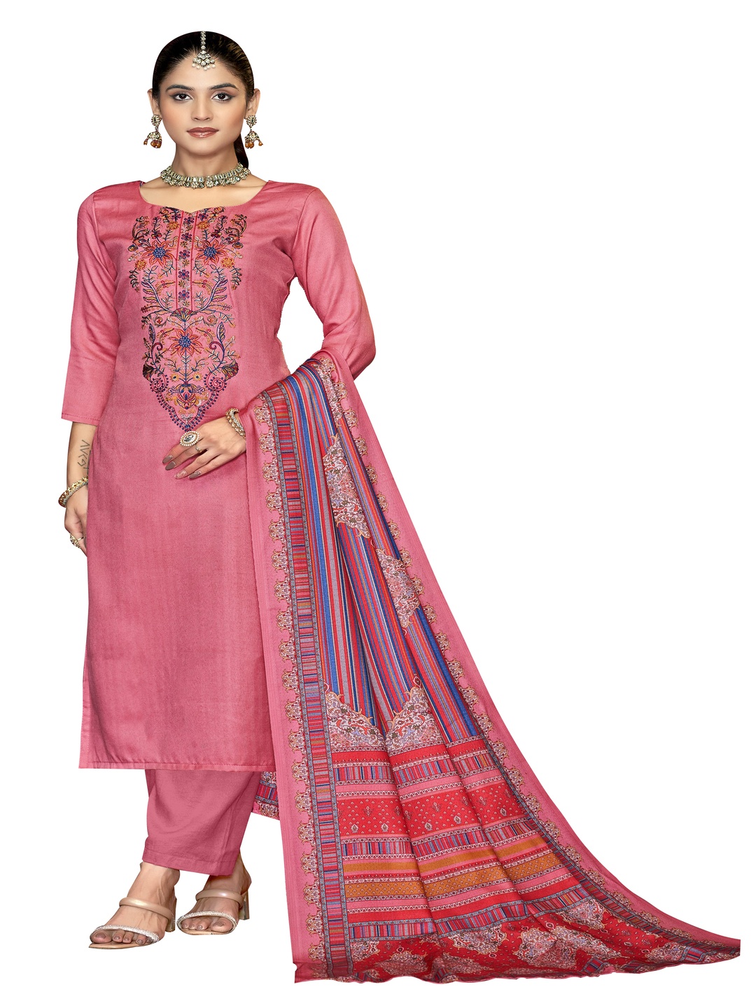 

DRAVINAM Floral Embroidered Pashmina Unstitched Dress Material, Pink