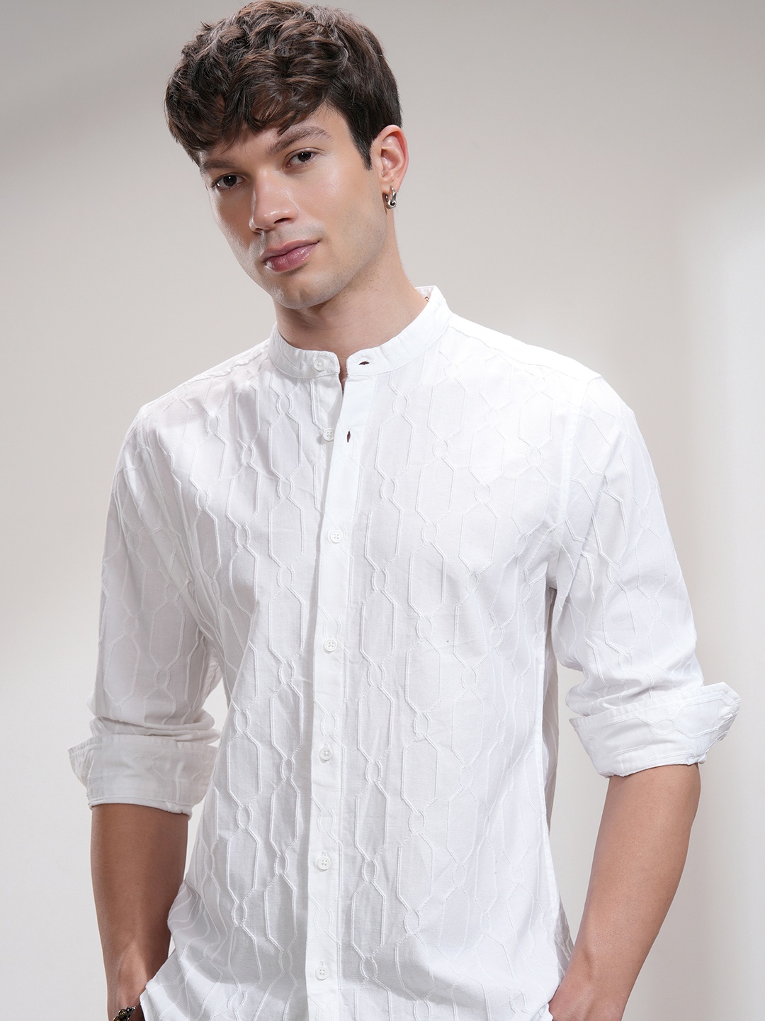 

HIGHLANDER Men Relaxed Fit Band Collar Textured Cotton Casual Shirt, White