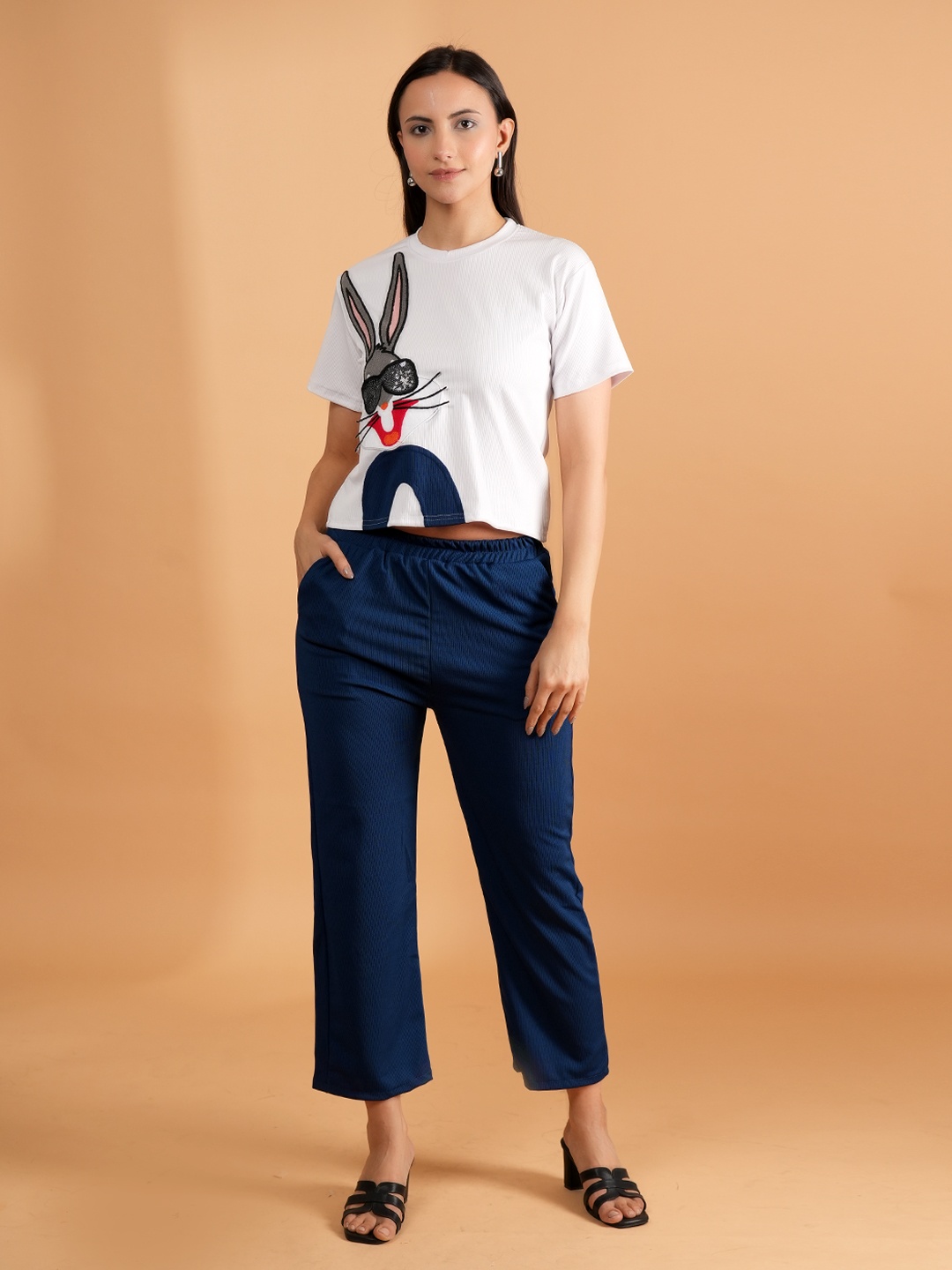 

NEYSA Printed Round Neck T-Shirt With Trousers Co-Ords Set, Navy blue