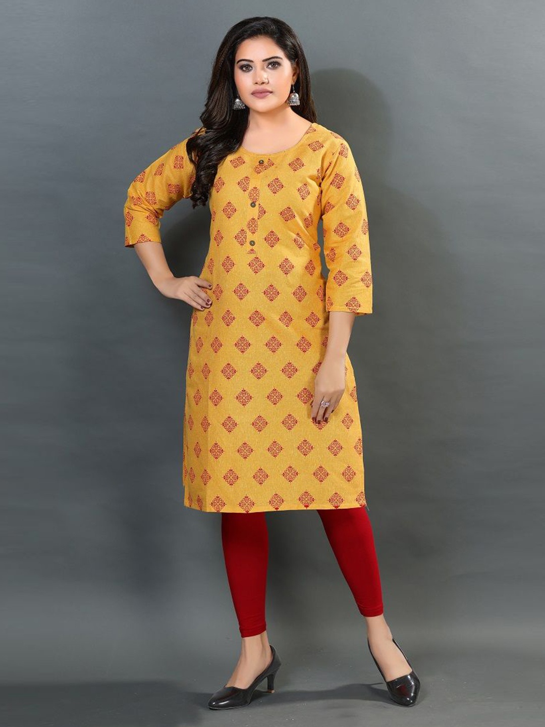 

Dream & Dzire Ethnic Motifs Printed Round Neck Straight Kurta, Yellow