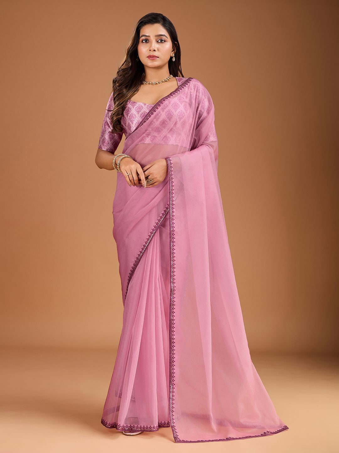 

House of Pataudi Thread Embroidered Border Saree, Pink