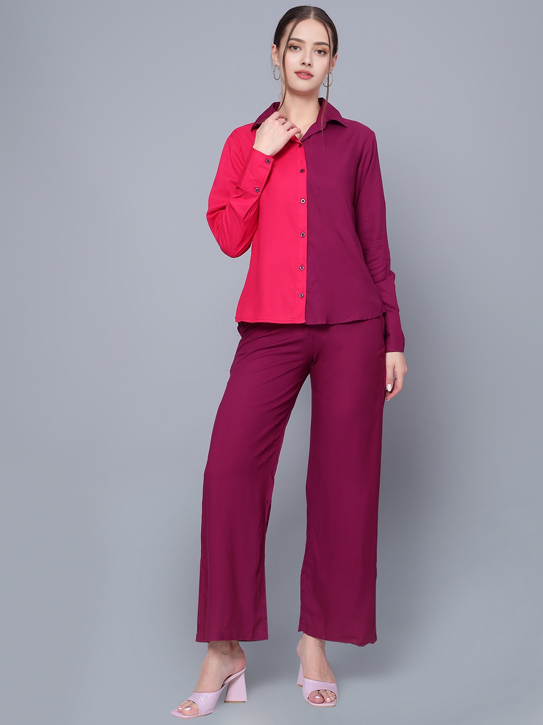 

StyleCast Maroon Colourblocked Shirt Collar Shirt With Trousers