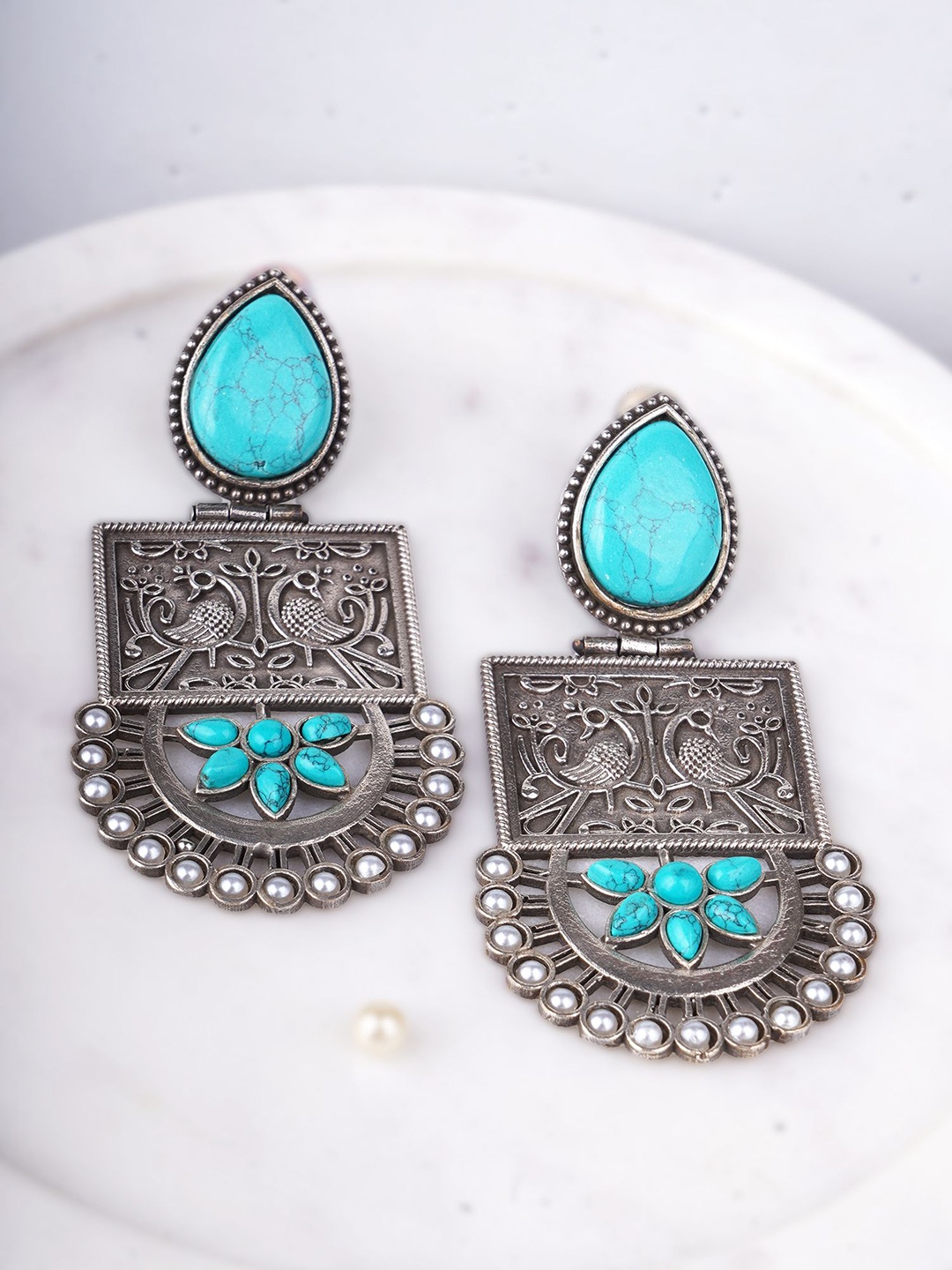 

Sangria Blue Silver-Plated Turquoise Stones & Pearls Studded Beaded Oxidised Drop Earrings