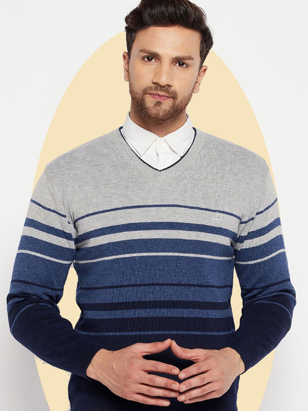 

LYCOS Men Striped V-Neck Woollen Pullover, Grey