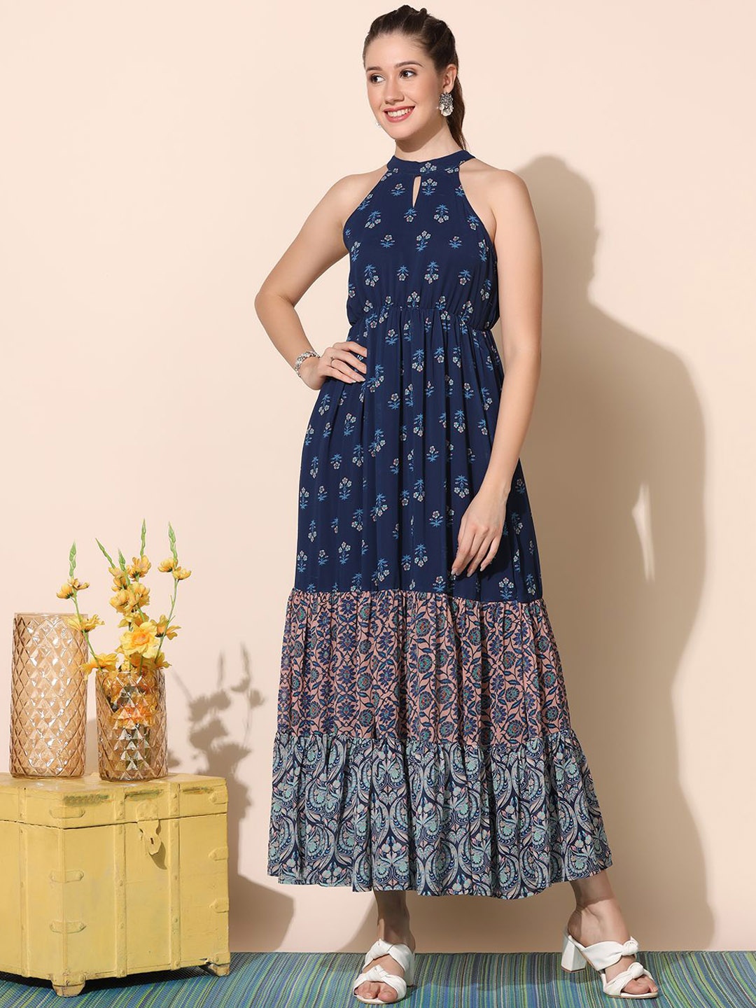 

Moda Rapido Women Floral Printed Keyhole Neck Tiered Fit and Flare Midi Dress, Blue