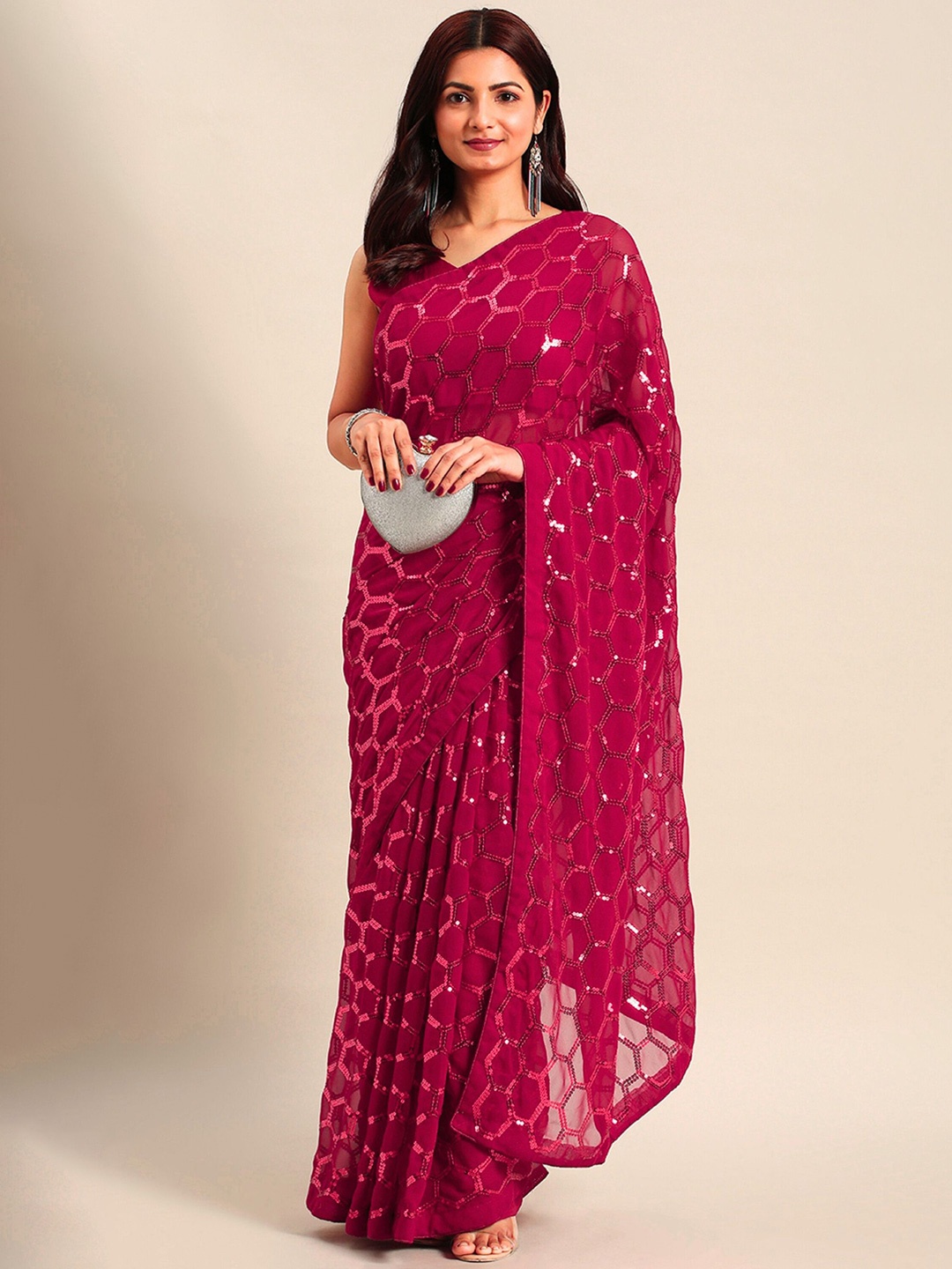

Moda Rapido Embellished Sequinned Pure Georgette Saree, Pink