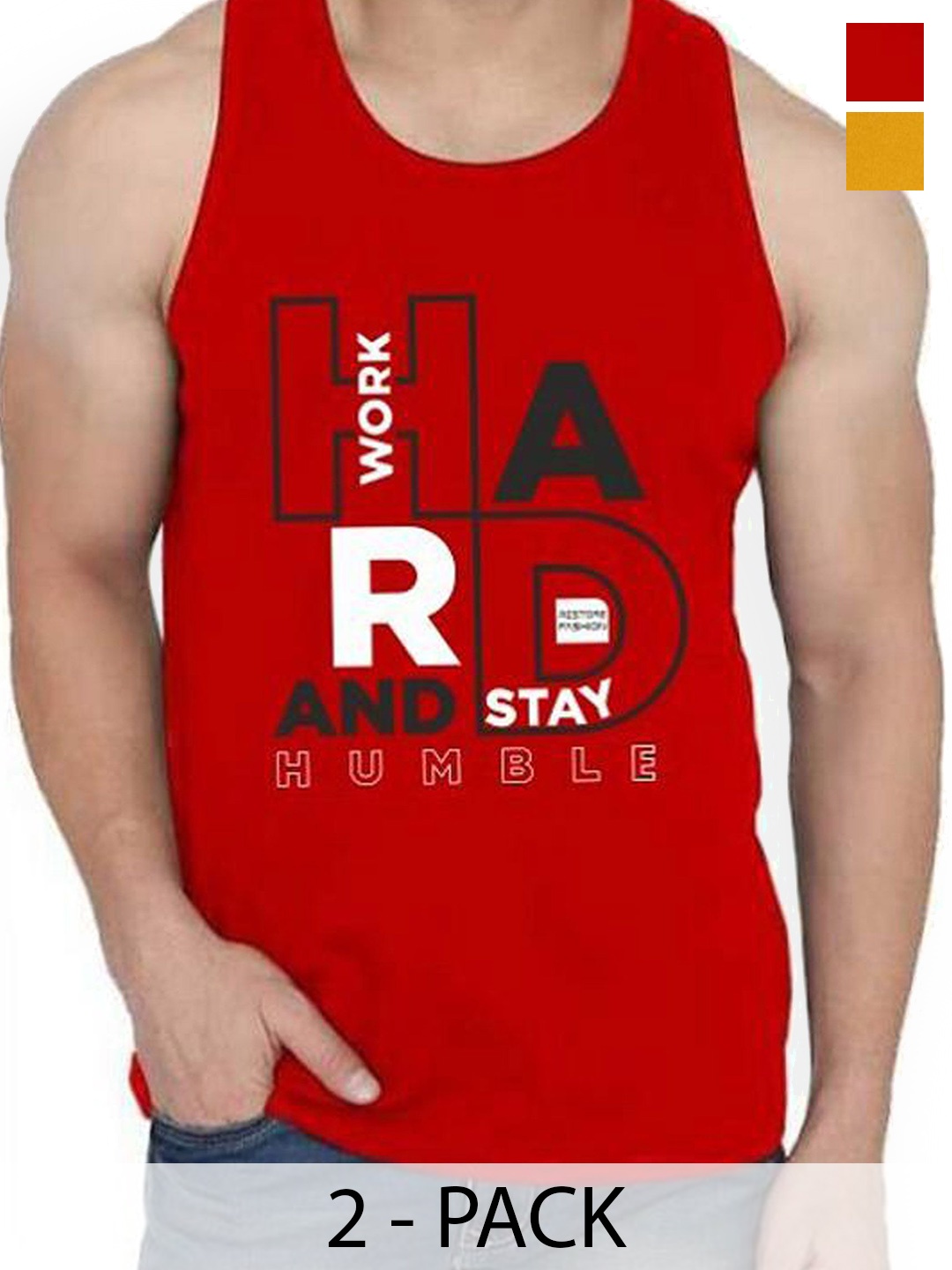 

WOOSTRO Pack Of 2 Printed Combed Cotton Gym Vest RS26 CMB (MORE MUSTARD) (HARD RED)