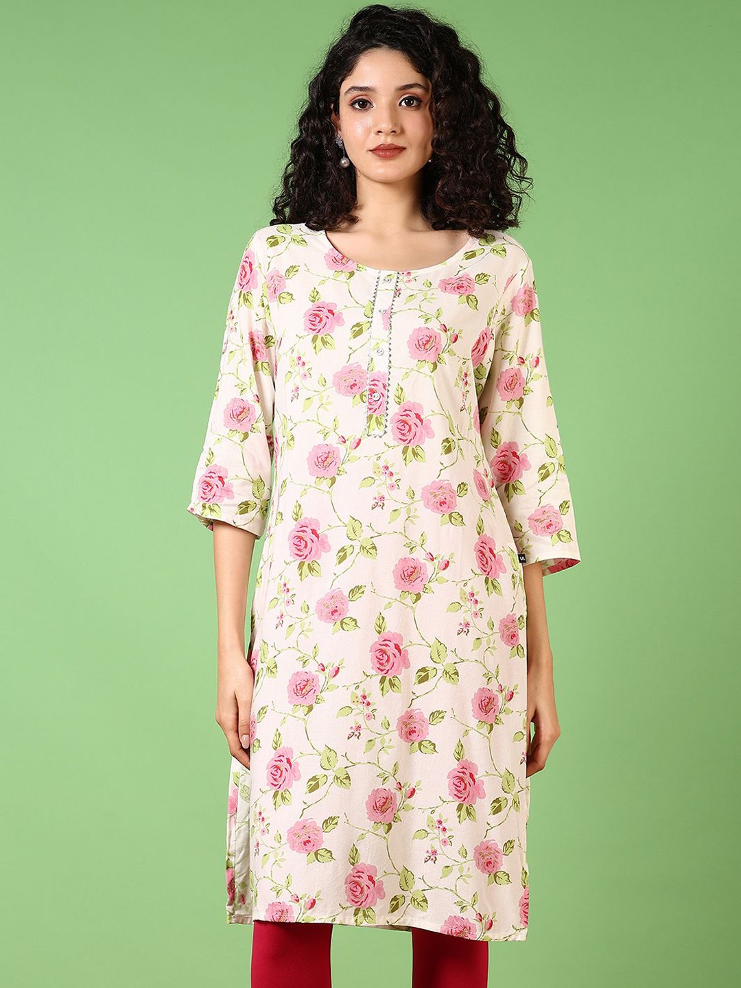 

V-Mart Floral Printed Round Neck Gotta Patti Straight Kurta, White