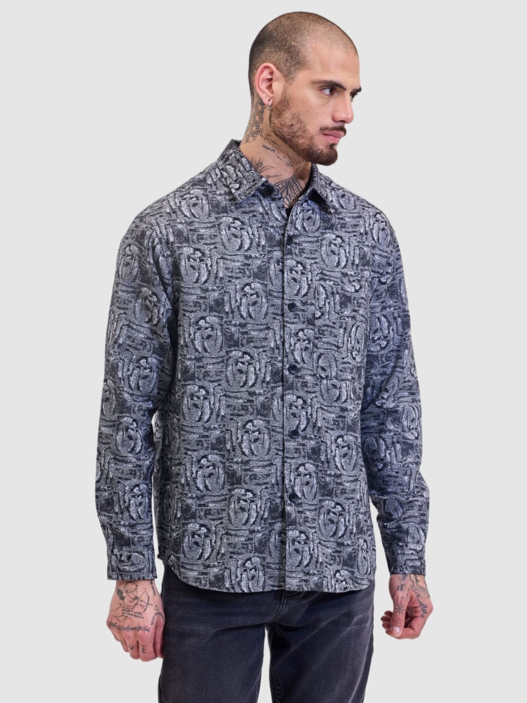 

Snitch Men Relaxed Fit Spread Collar Abstract Printed Casual Shirt, Charcoal