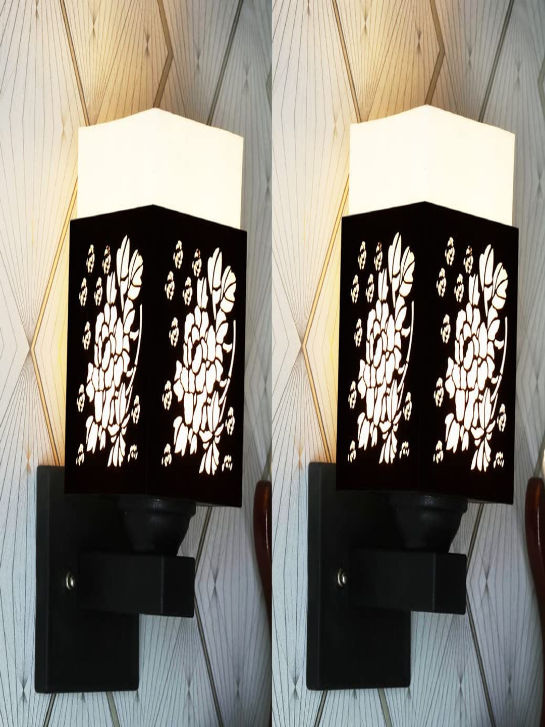 

Gojeeva Black & White 2 Pieces Textured Wooden Square Shaped Wall Lamps