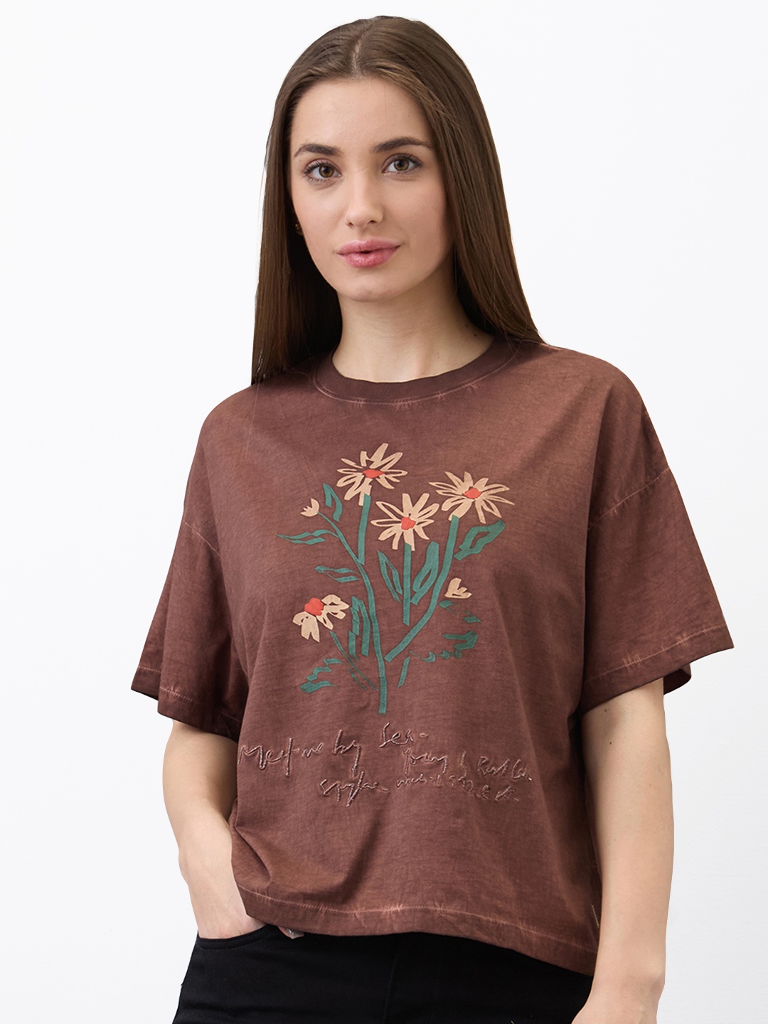

SPYKAR Women Floral Printed Round Neck Slim Fit T-shirt, Brown