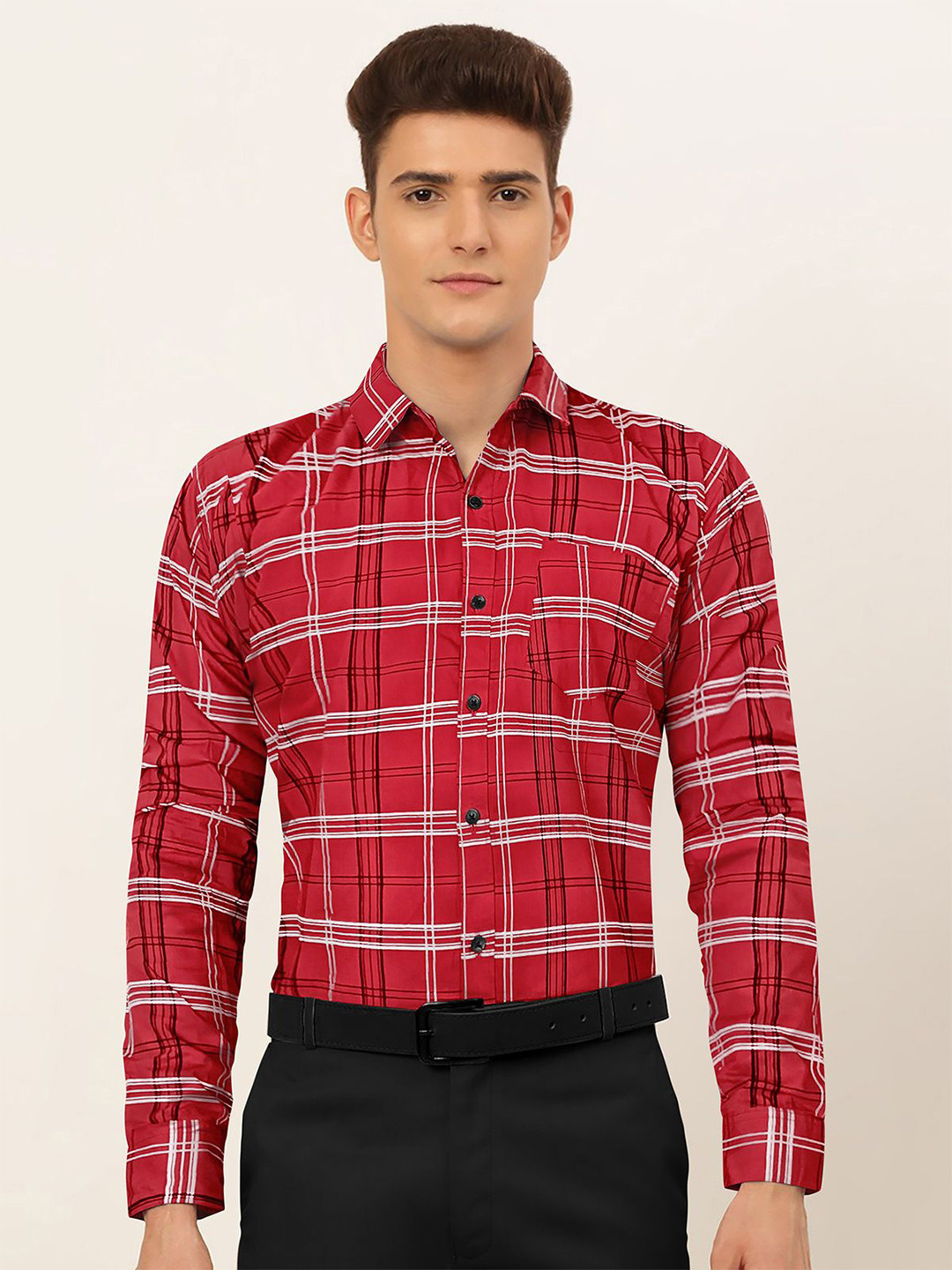 

Moda Rapido Men Relaxed Fit Spread Collar Tartan Checked Cotton Casual Shirt, Red