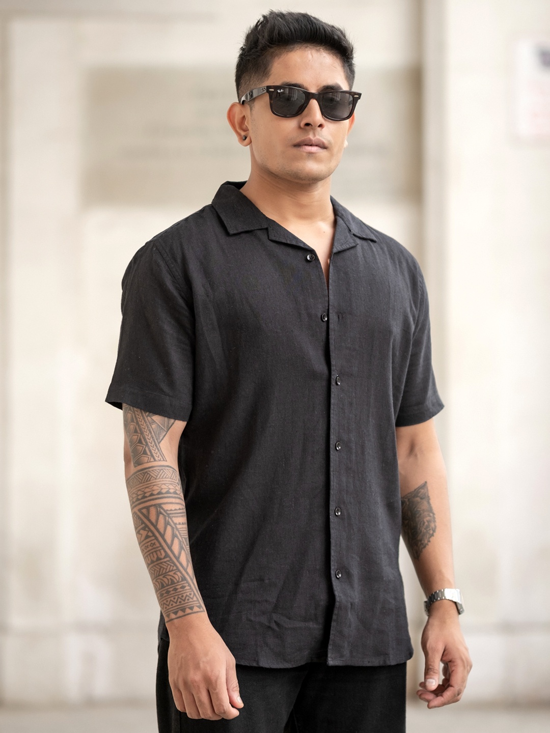 

Powerlook Men Cuban Collar Solid Cotton Casual Shirt, Black