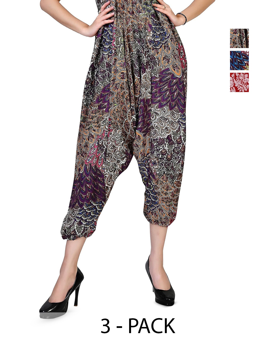 

NarNari Women Pack Of 3 Printed Mid-Rise Harem Pants, Maroon