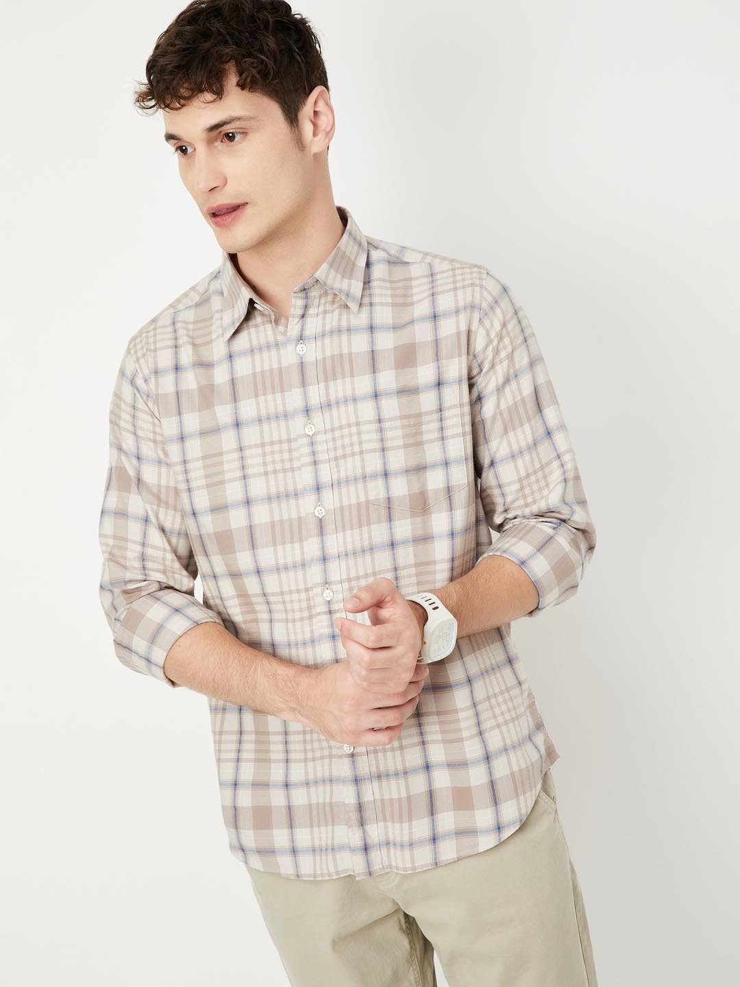 

max Men Tartan Checks Opaque Checked Casual Shirt, Beige