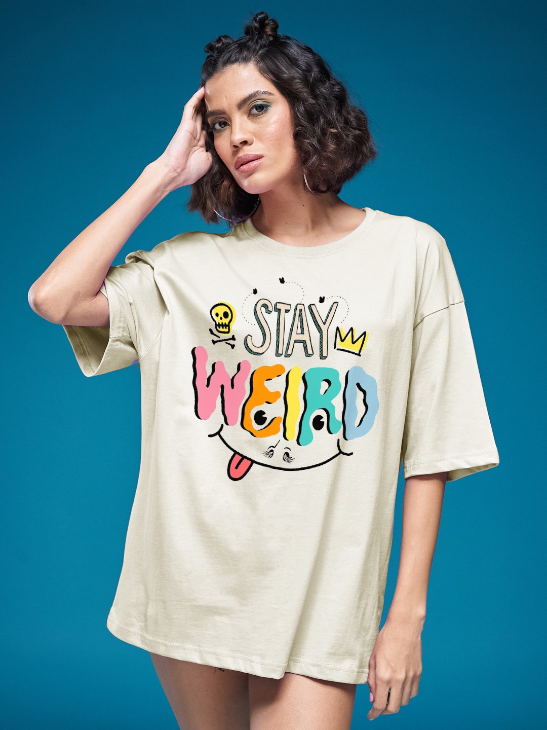 

SMARTEES Women Graphic Printed Round Neck Cotton Oversized T-shirt, Beige