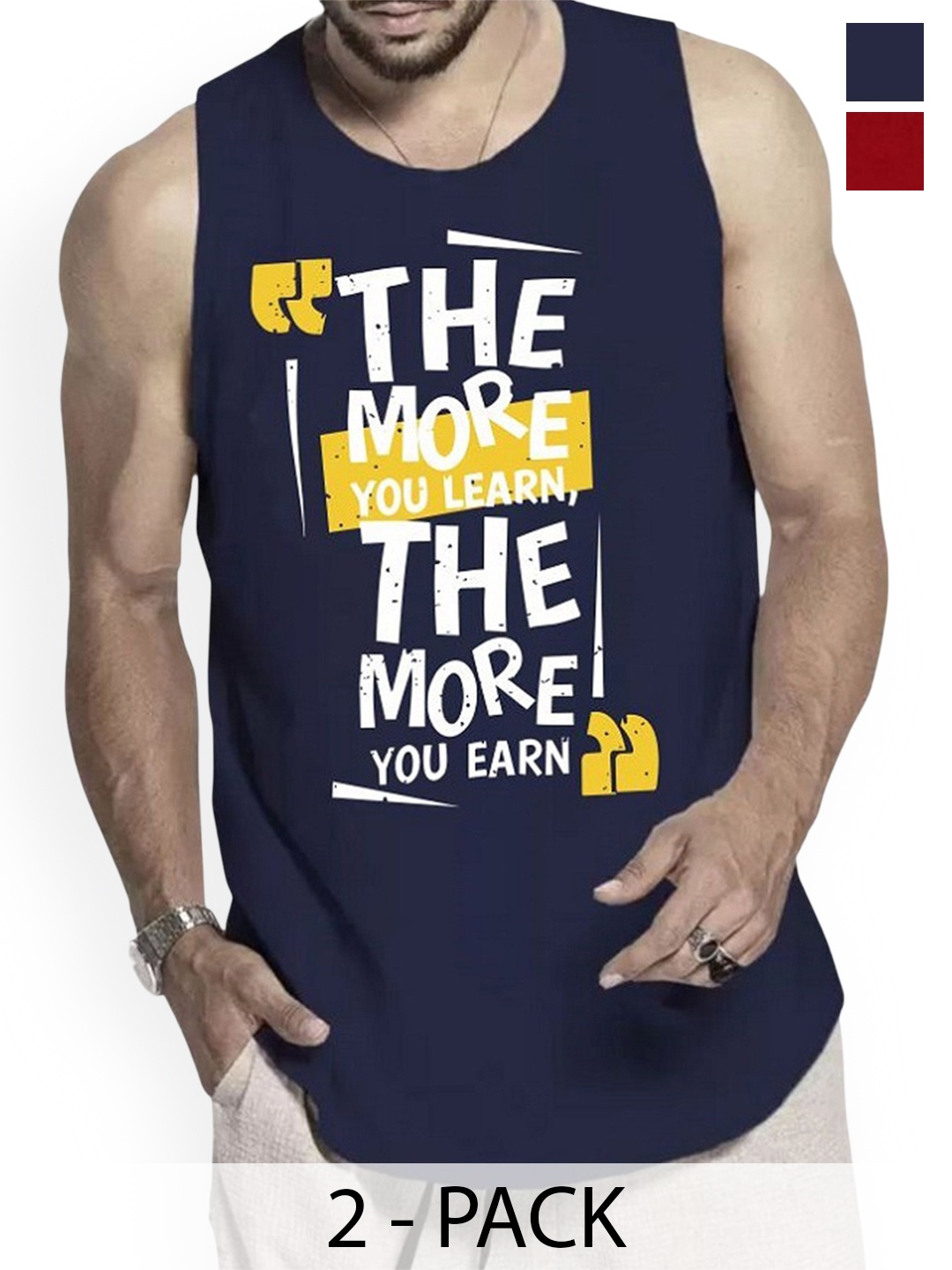

Woostro Pack Of 2 Printed Pure Combed Cotton Gym Vests, Navy blue