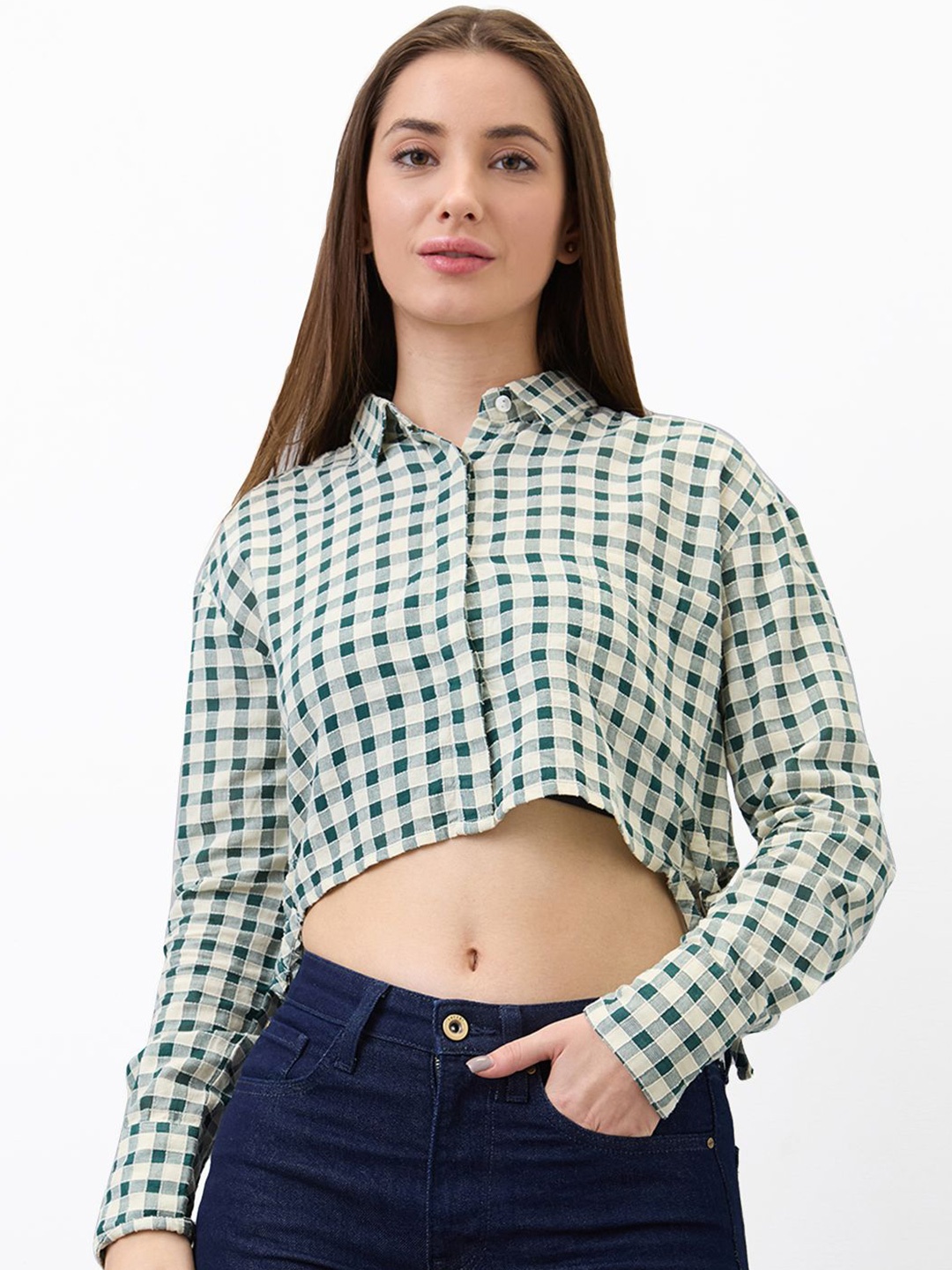 

SPYKAR Women Regular Fit Spread Collar Gingham Checked Cotton Casual Shirt, Green