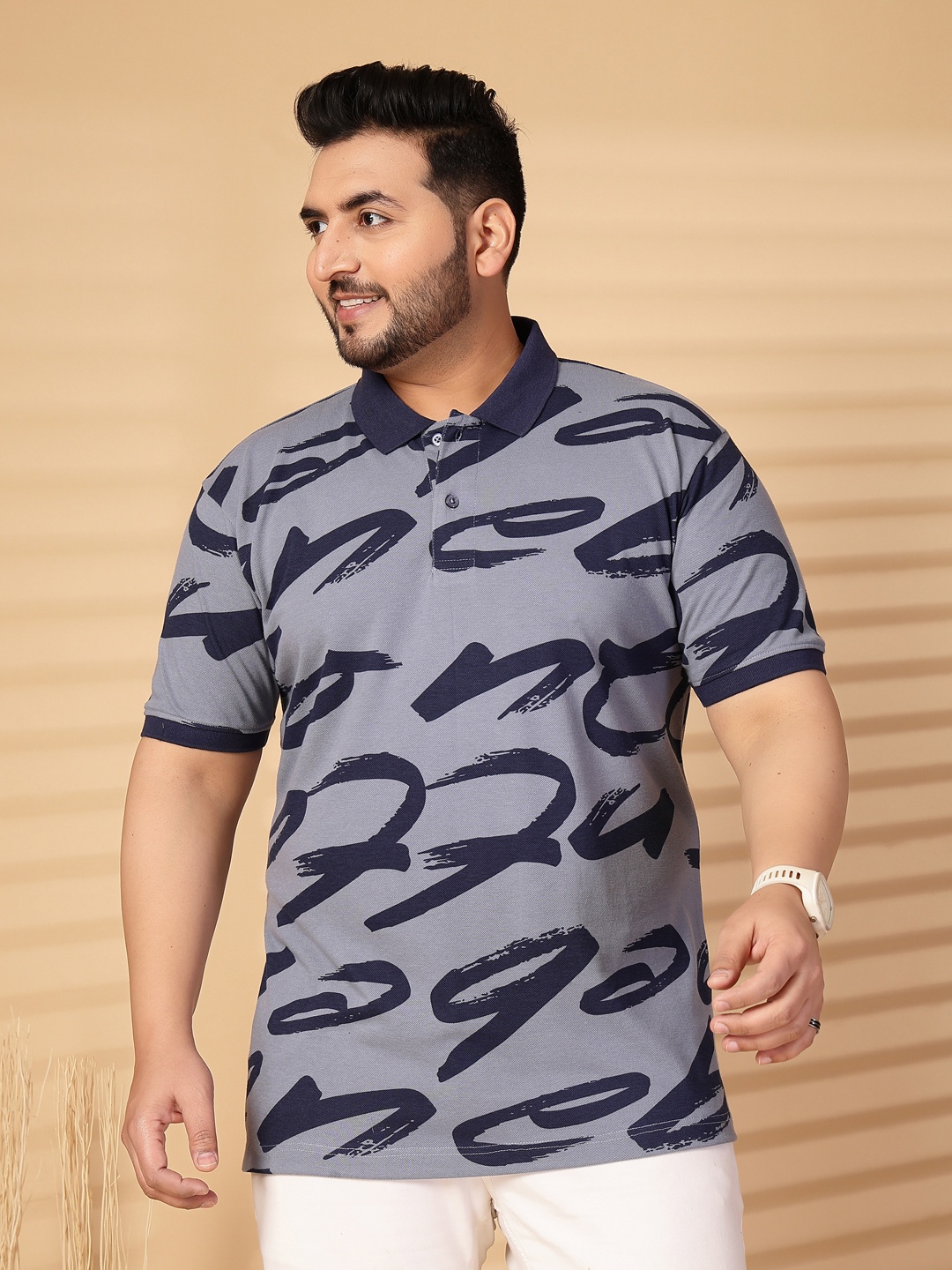 

plusS Men Plus Size Abstract Printed Polo Collar Cotton T-shirt, Grey