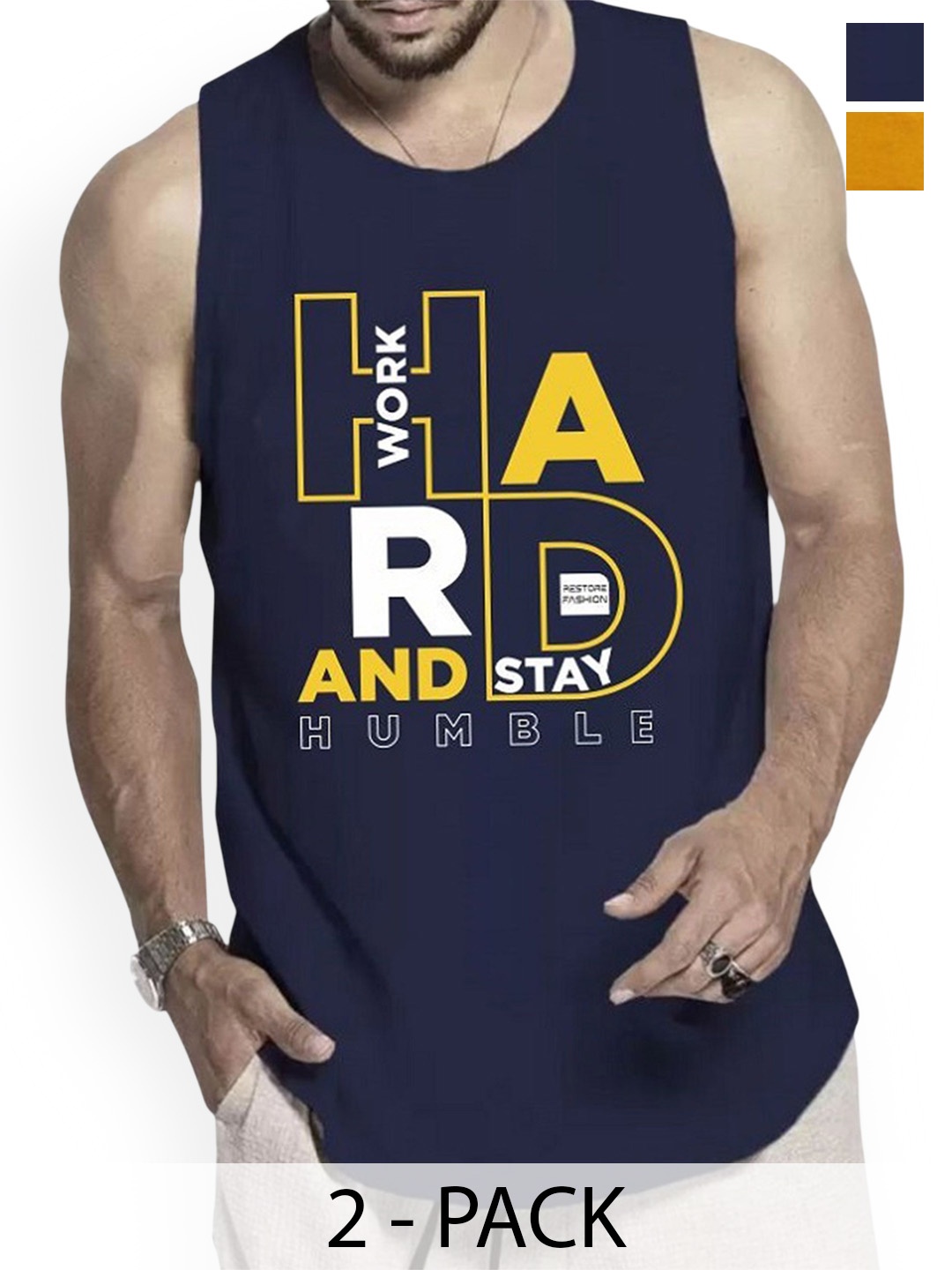 

Woostro Pack Of 2 Printed Cotton Gym Vests RS26 CMB (HARD NAVY) (MORE MUSTARD), Navy blue