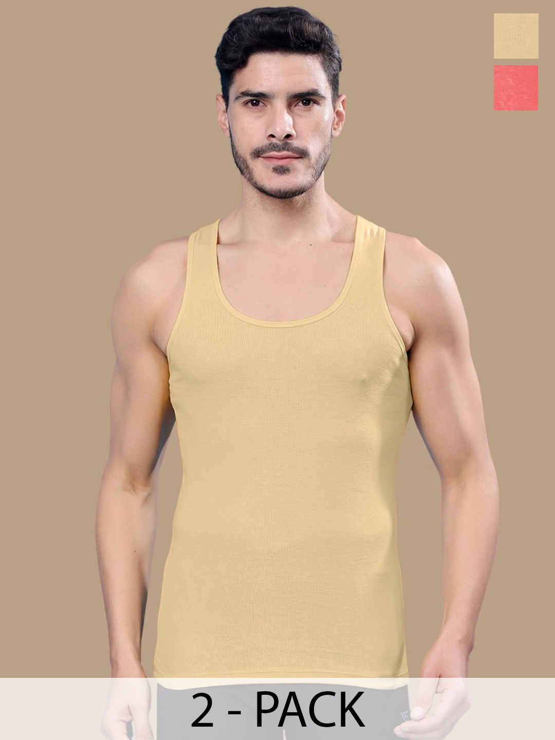 

Friskers Men Pack Of 2 Ribbed Cotton Gym Vests, Beige