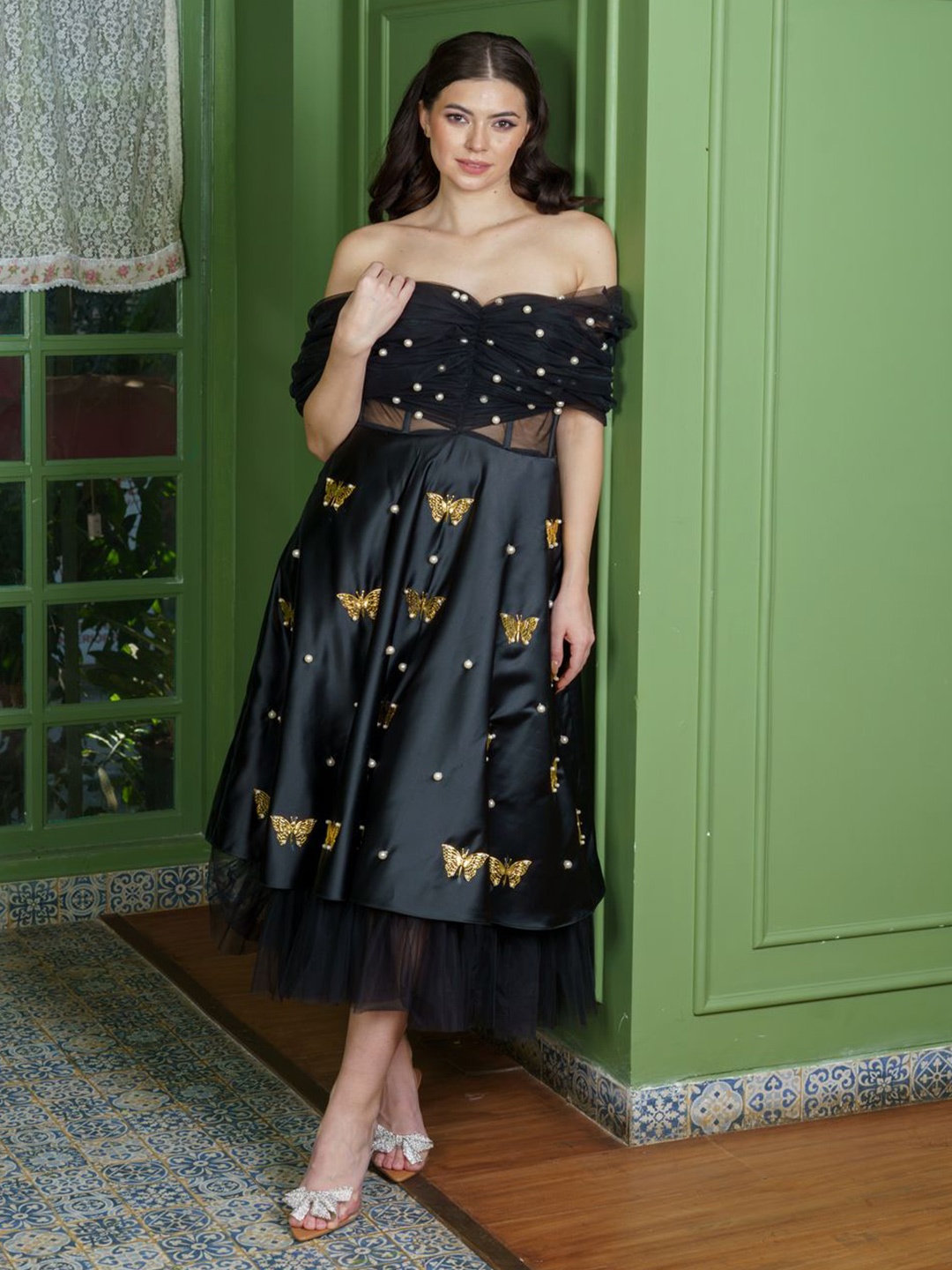 

Neha Sharma Label Women Embellished Embroidered Corset Midi Dress, Black