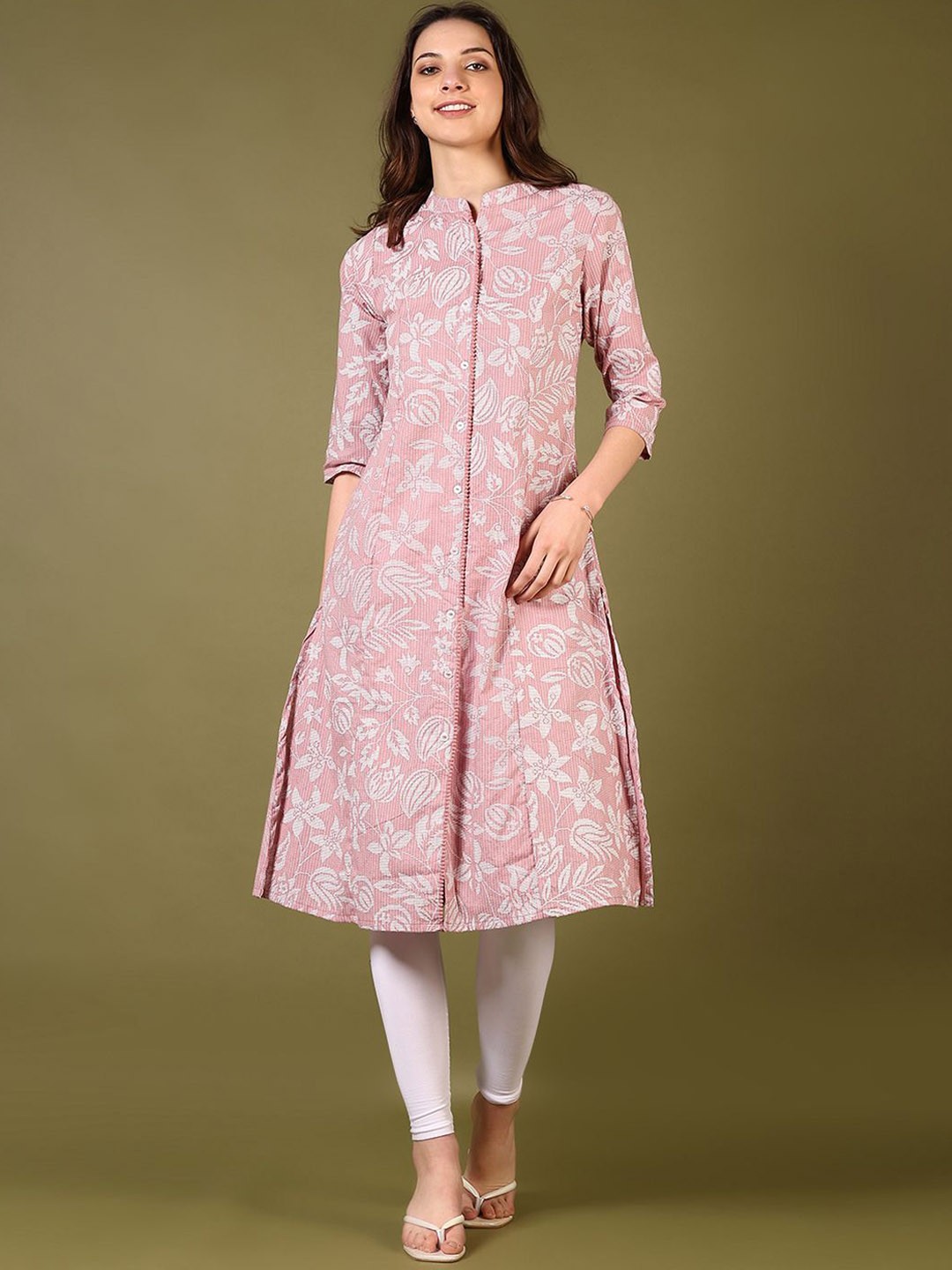 

V-Mart Floral Printed Mandarin Collar Cotton A-Line Kurta, Mauve