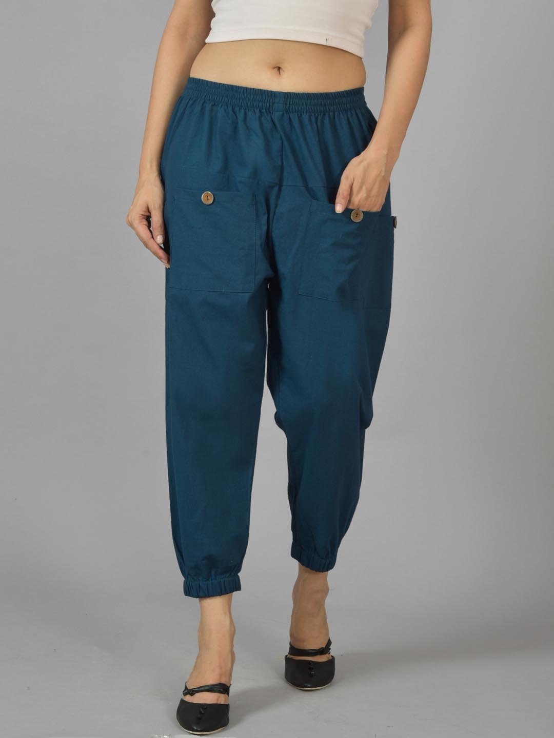 

GiftyBasket Women Cotton Relaxed Cargos Trousers, Teal