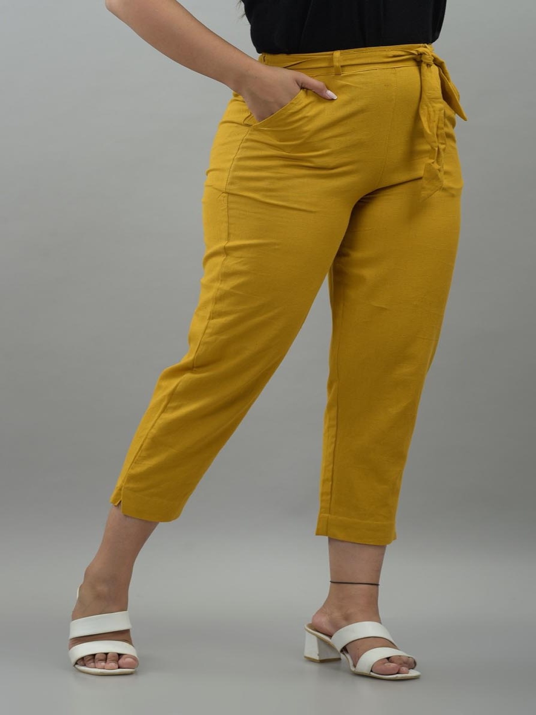 

VYMO Women Slim Fit Mid-Rise Cotton Trouser, Yellow