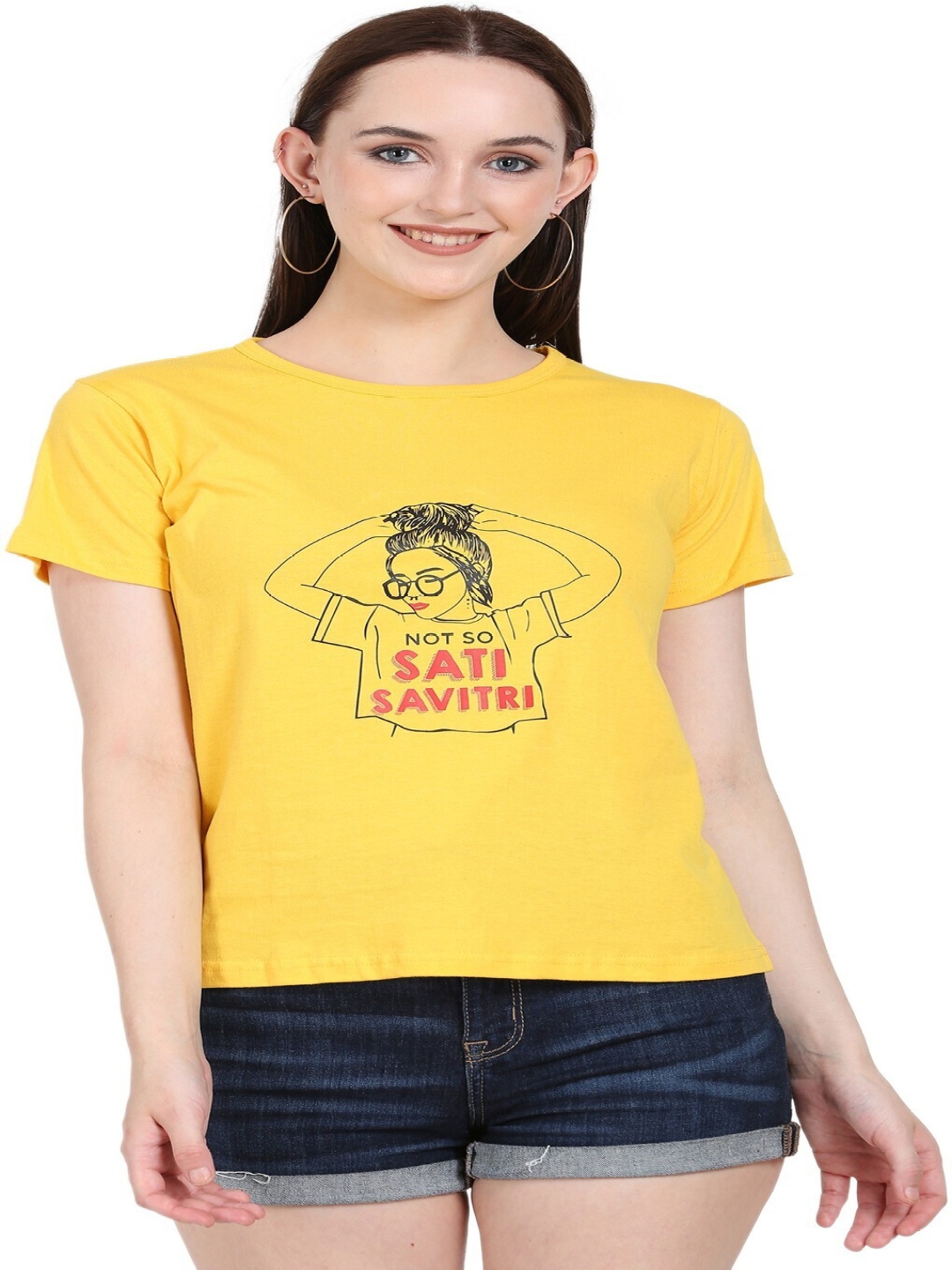 

DEEPMAYRA COLLECTION Women Graphic Printed Round Neck Cotton T-shirt, Yellow