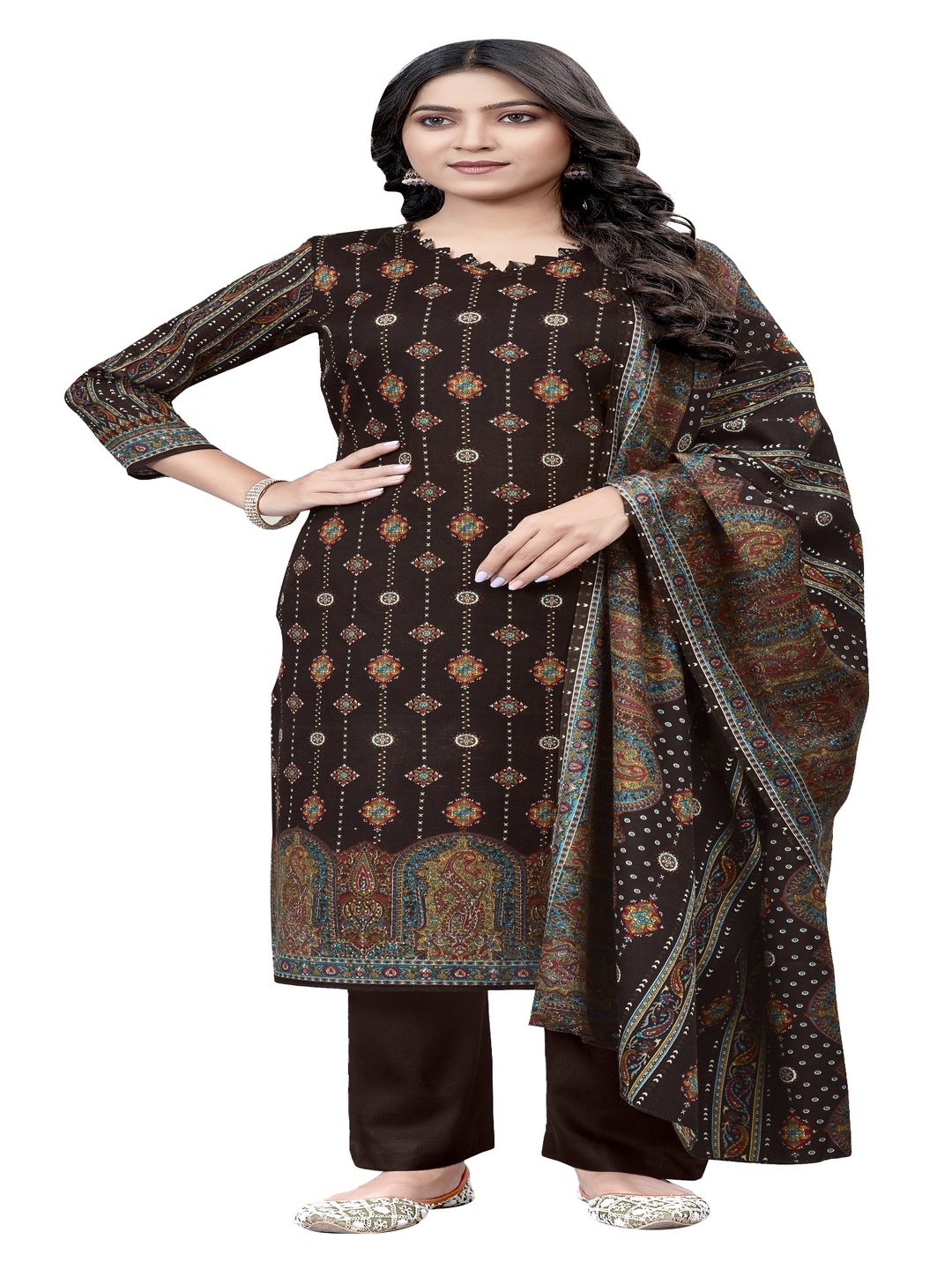 

DRAVINAM Trends Ethnic Motifs Pashmina Printed Unstitched Dress Material, Brown