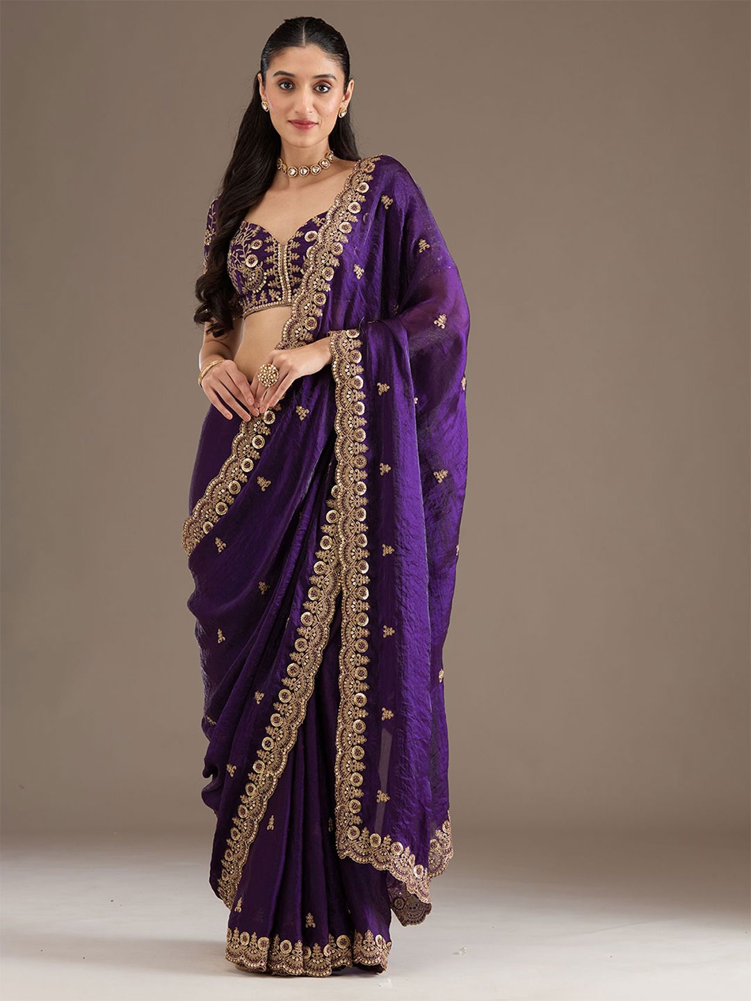 

Koskii Purple Embellished Tissue Saree