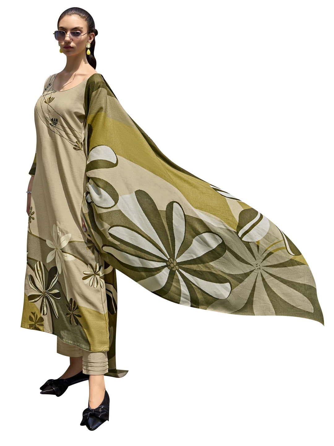 

DRAVINAM Trends Floral Printed Pashmina Unstitched Dress Material, Beige