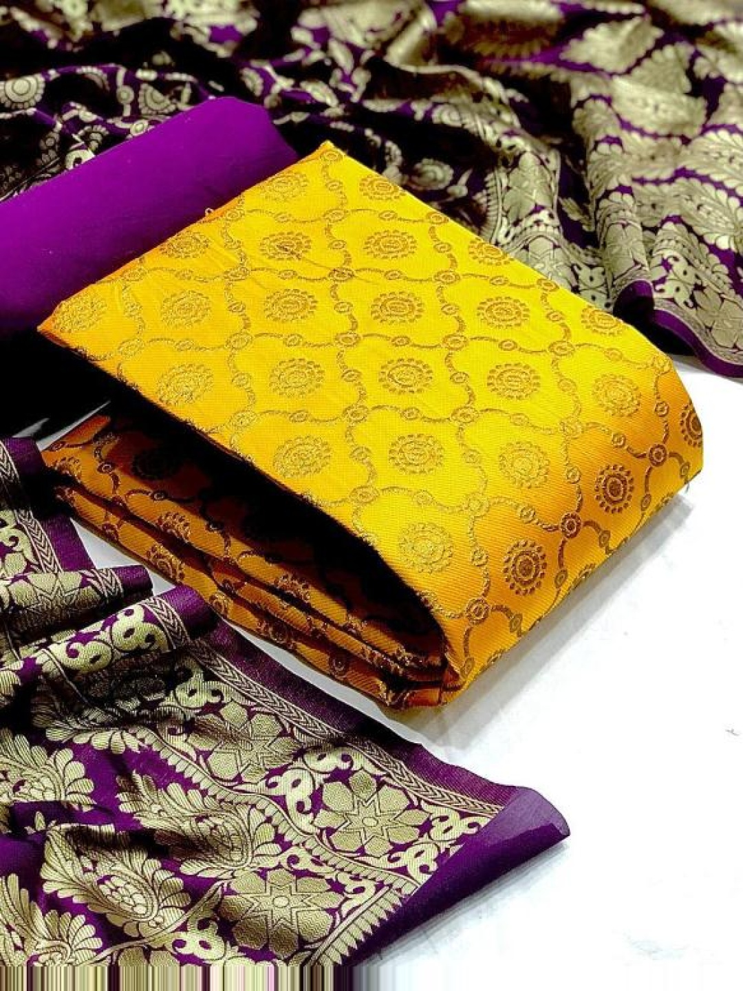 

KALINI Ethnic Motifs Woven Design Art Silk Unstitched Dress Material, Yellow