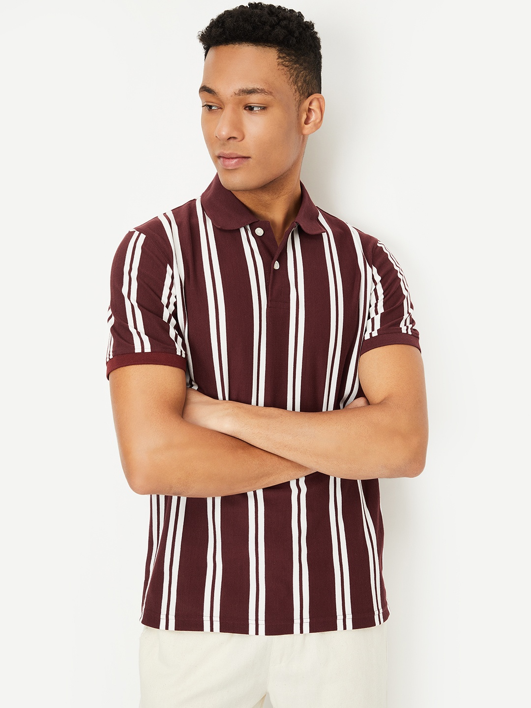 

max Men Striped Polo Collar Cotton T-shirt, Maroon