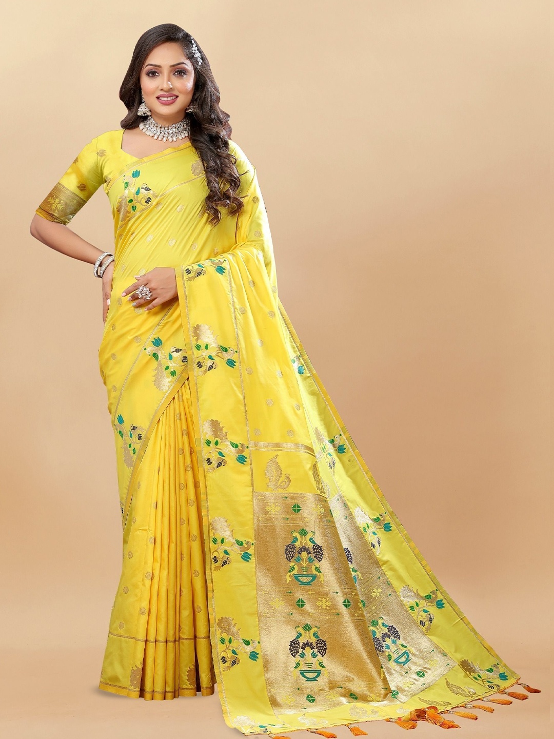 

bansari textiles Woven Design Zari Paithani Saree, Yellow
