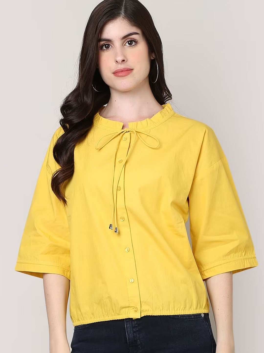 

SAKURA Tie-Up Neck Cotton Top, Yellow