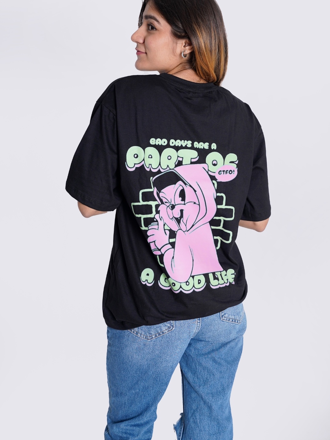 

JAC INDIAN Women Graphic Printed Round Neck Cotton Oversized T-shirt, Black