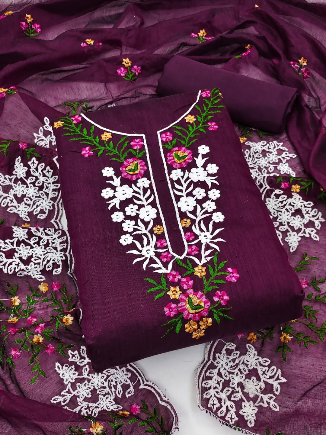 

SWARNGANGA TEX Floral Embroidered Chanderi Unstitched Dress Material, Purple