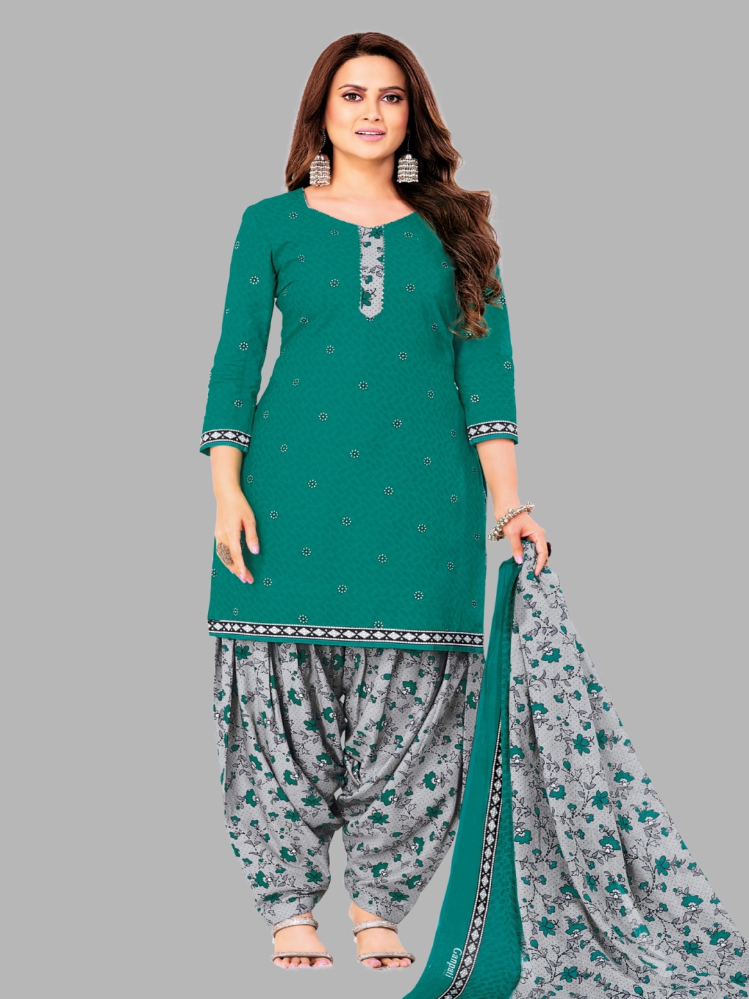 

Simmu Floral Printed Pure Cotton Unstitched Dress Material, Green