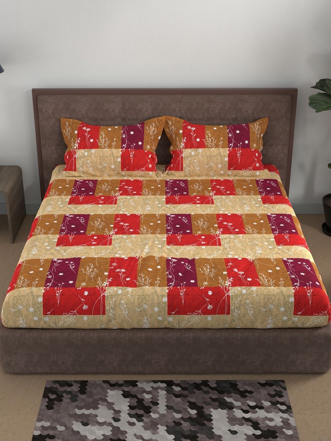 

BELLA CASA Red Floral Printed180 TC Pure Cotton Queen Bedsheet Set 2.7 m x 2.2 m