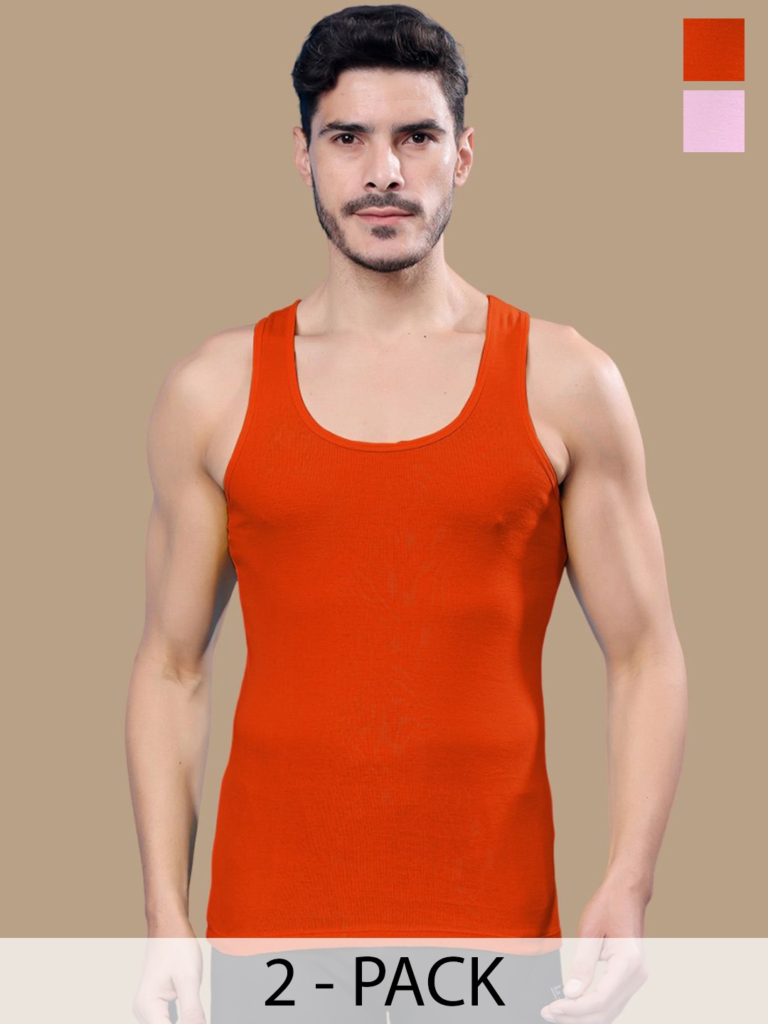 

Friskers Men Pack Of 2 Ribbed Cotton Gym Vests, Orange