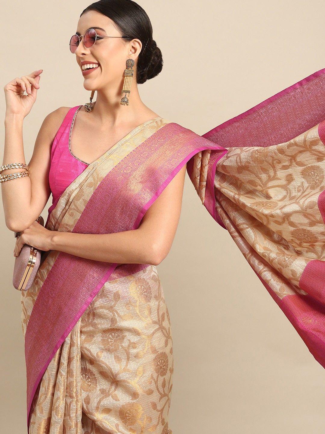 

KALINI Woven Design Zari Tissue Saree, Cream