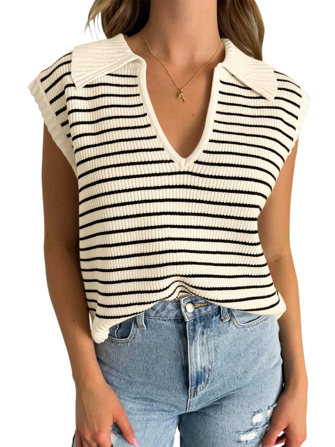 

StyleCast x Revolte Striped Shirt Collar Extended Sleeves Regular Top, Beige