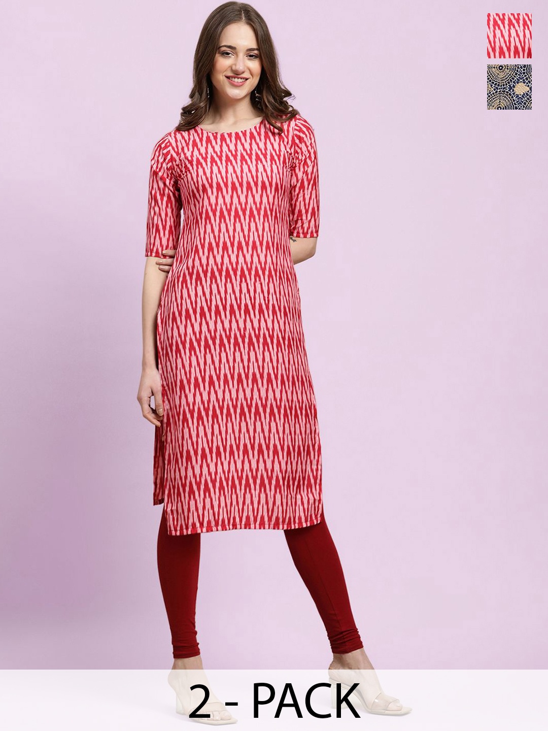 

Moda Rapido Selection of 2 Ethnic Motifs Printed Round Neck Straight Kurtas, Red