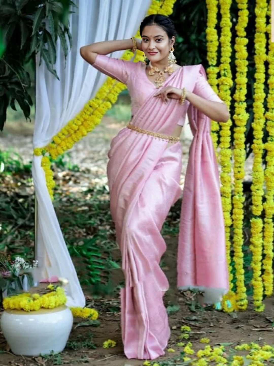 

bansari textiles Woven Design Zari Banarasi Saree, Pink